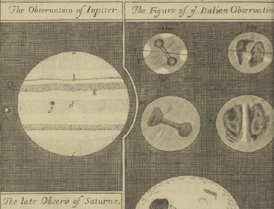 Figures of Astronomical observations from volume 1 (number 14) of the Philosophical Transactions, published Monday 2 July 1666.