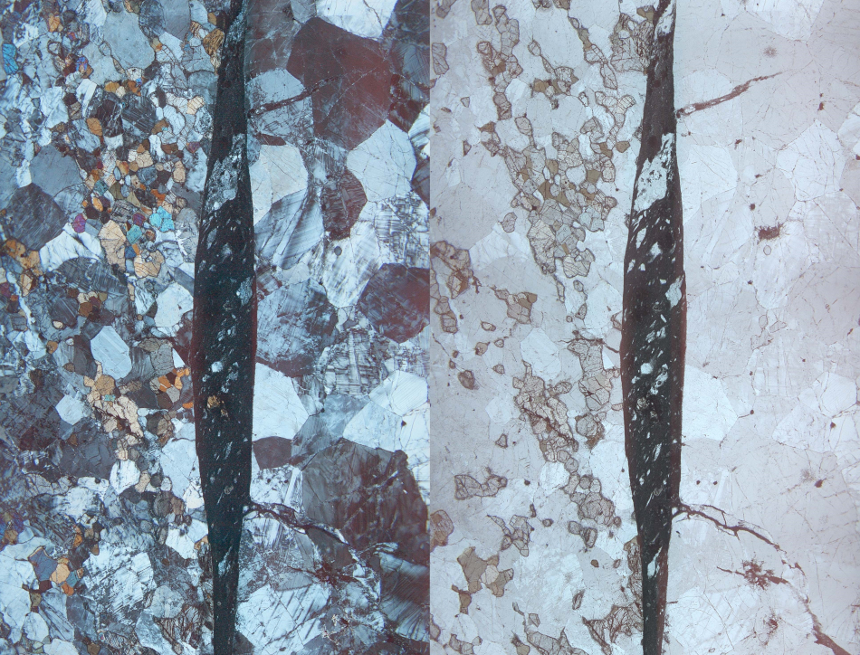 Photomicrographs of a pseudotachylyte vein