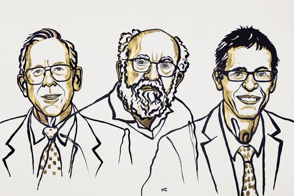 James Peebles, Michel Mayor and Didier Queloz, 2019 Nobel Laureates in Physics. Copyright © Nobel Media 2019. Illustration: Niklas Elmehed