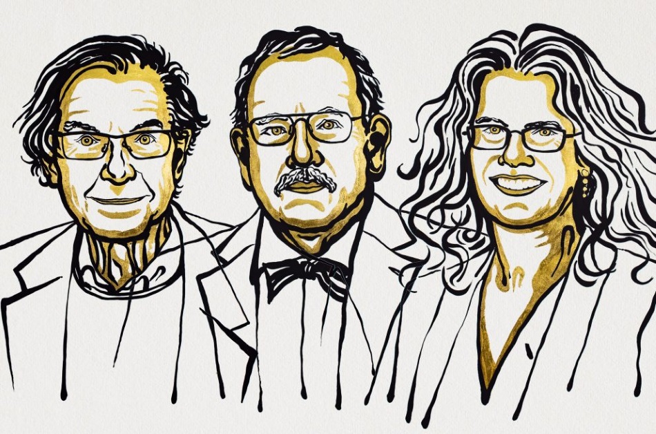 Illustration of Roger Penrose, Reinhard Genzel and Andrea Ghez. Ill. Niklas Elmehed. © Nobel Media.