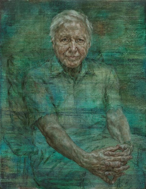 Portrait of Sir David Attenborough against a green background, painted by Jonathan Yeo