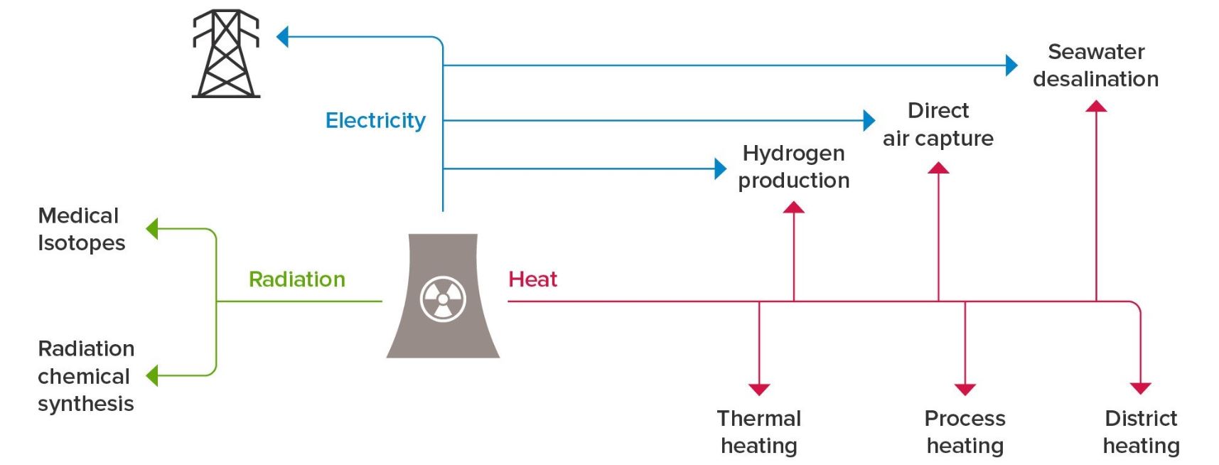 Flowchart showing a range of options for nuclear cogeneration exist, using heat from the power station