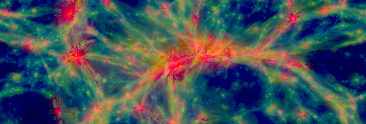 A slice through the EAGLE simulation, showing the normal matter in the form of gas, the hottest at more than 100,000 degrees. Credit: Virgo Consortium