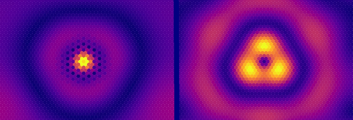 Probability density of electrons in a 16 nm by 14 nm sample of the 2D semiconductor molybdenum disulfide, with a single charged impurity atom adsorbed to its surface in the centre. These images show states that are “resonant” with other electrons in the material. Credit: Martik Aghajanian
