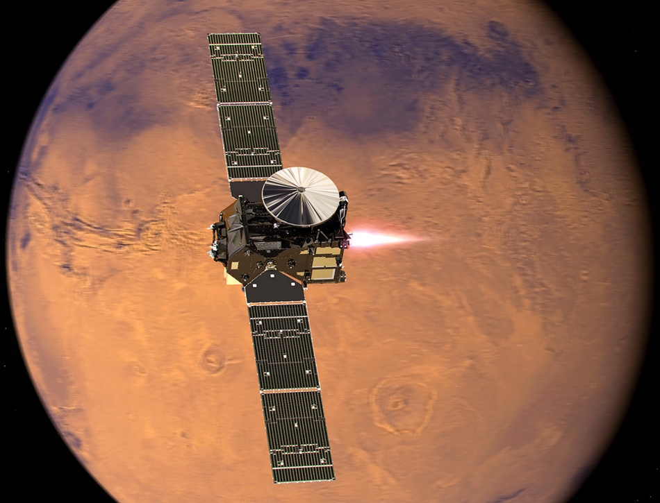 Artist's impression visualising the ExoMars 2016 Trace Gas Orbiter (TGO), with its thrusters firing, beginning its entry into Mars orbit on 19 October 2016. Credit: ESA/ATG medialab