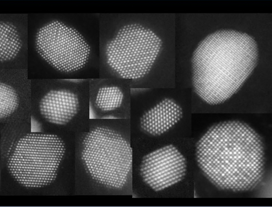 Image shows an electron microscopy visualisation of atoms in catalyst nanoparticles used in Johnson Matthey clean air research.