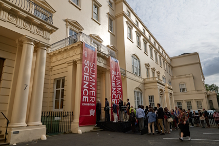 People queue outside Carlton House Terrace for the Summer Science Exhibition 2024