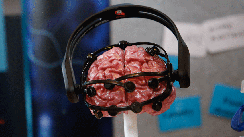 A model brain wearing a brain scanning headset
